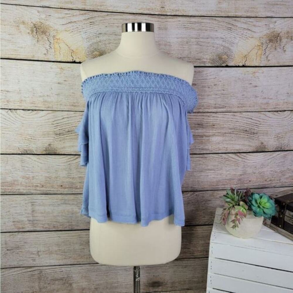 ONETHELAND Blue Off Shoulder Key Hole Back Embroidered Shoulder Top Small